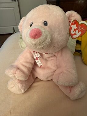Ty Pink Bear with Heart Ribbon Plush
